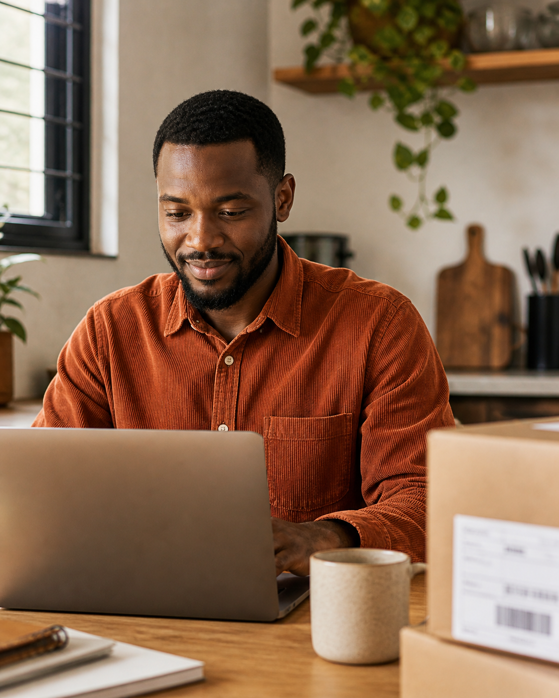 Man reviewing an order on a laptop with a shipping box nearby